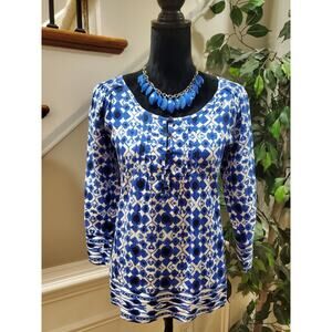 Jones New York Blue 100% Linen Henley Neck Long Sleeve Peasant Boho Blouse M